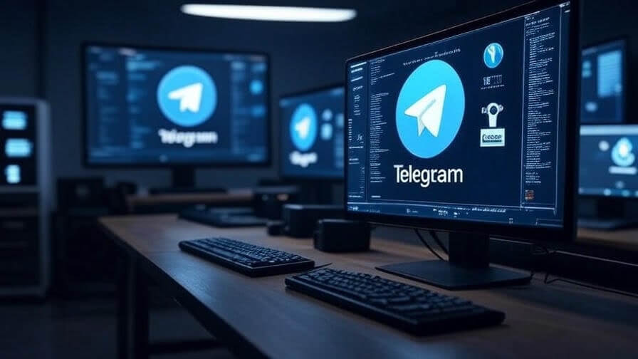 Telegram Desktop открыт на большой стене мониторов